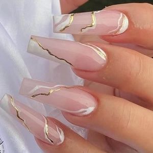 Gold Fake Nails Long Press on Nails Coffin Acrylic Geometry False Nails Full